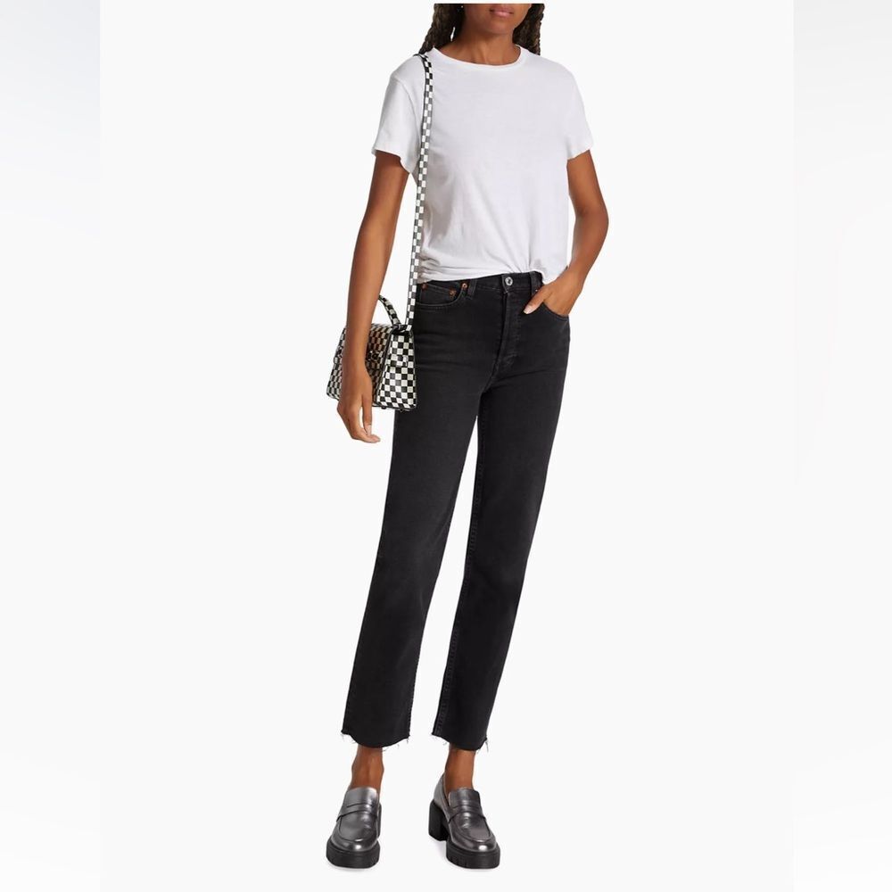 Re/done 70s Stove Pipe Black High-Rise Stretch Raw Hem Crop Jeans, Size 28